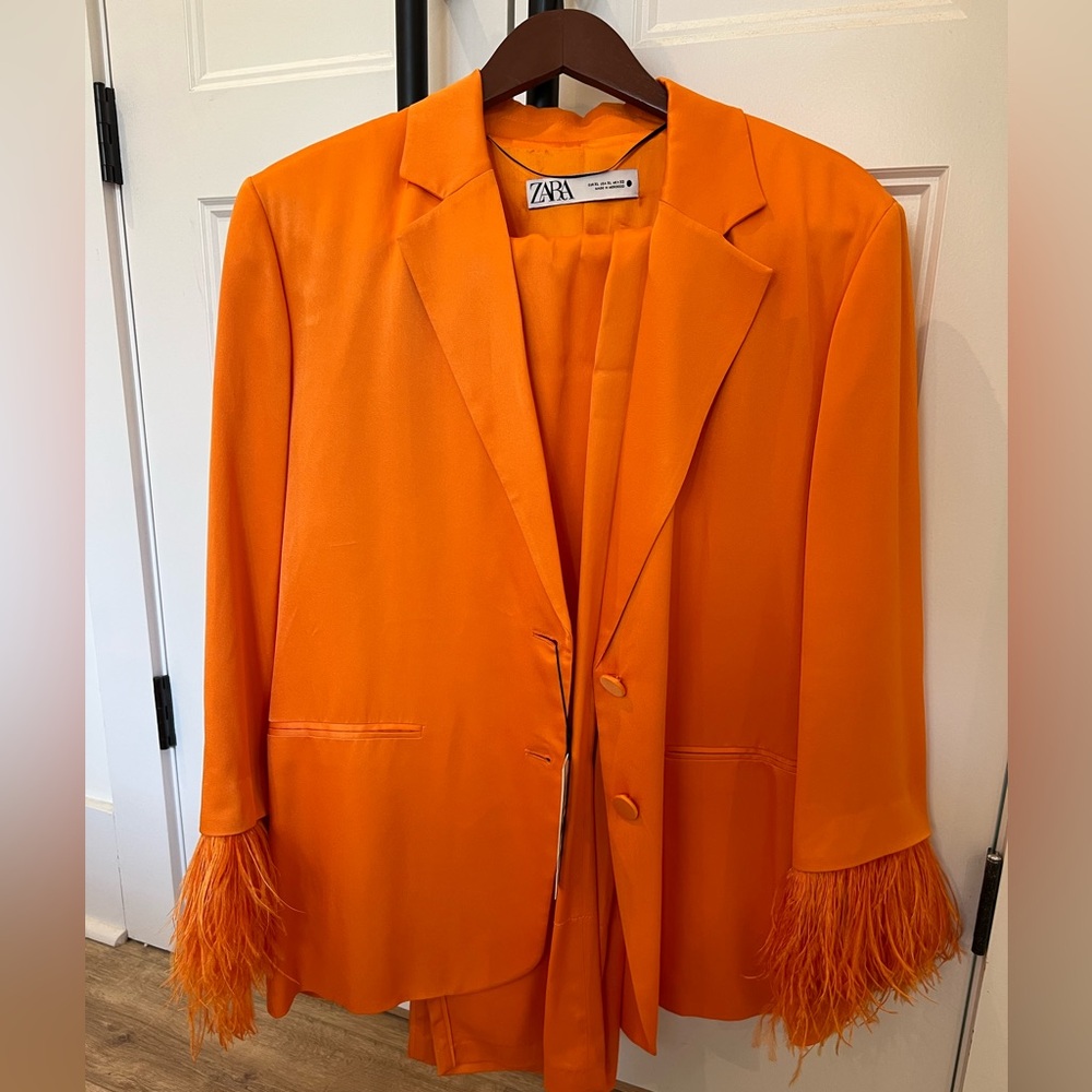 Zara Women's Vibrant Orange Blazer with Feather Cuffs AND matching pant